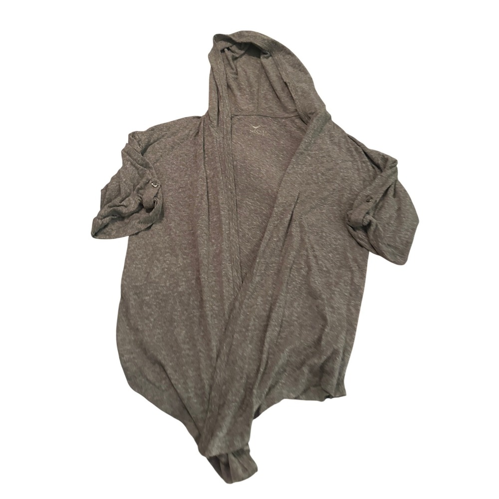 Stem Womens Gray Hooded Cardigan Short Roll Tab Sleeve Open Front Sweater Small